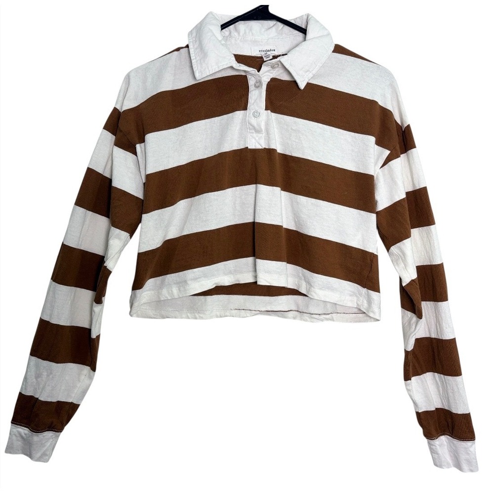 Eyeshadow Rugby Shirt‎ Womens Medium Brown White Striped Cropped Long Sleeve Top
